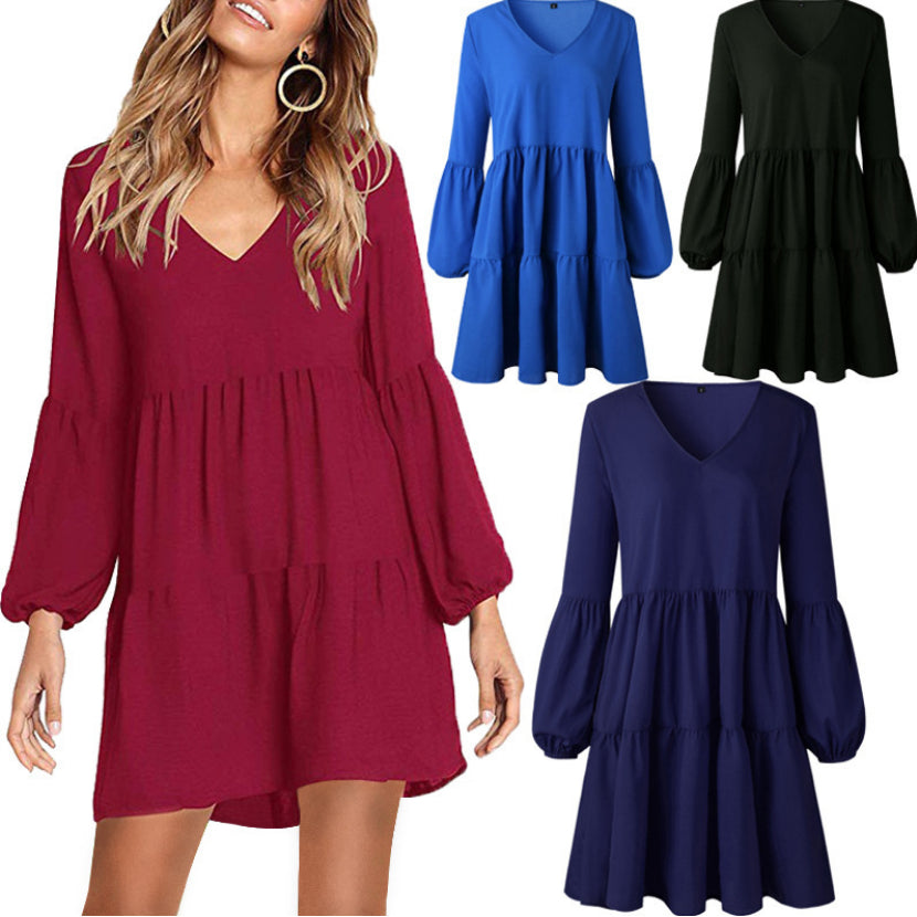 4-Color V-Neck Long Sleeve Women Dress Image 1