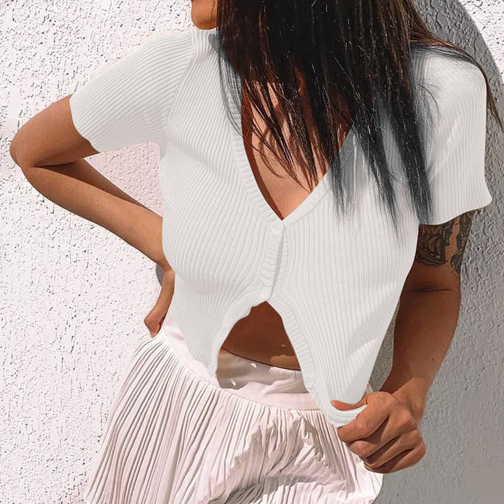 Women Exposed Navel Button-Down Short-Sleeved T-Shirt Image 1