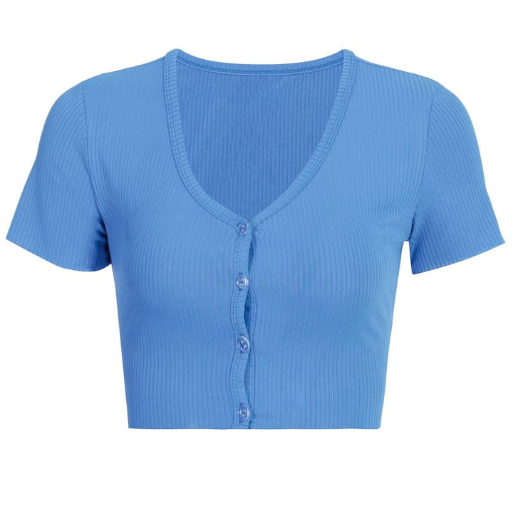 Women Exposed Navel Button-Down Short-Sleeved T-Shirt Image 11