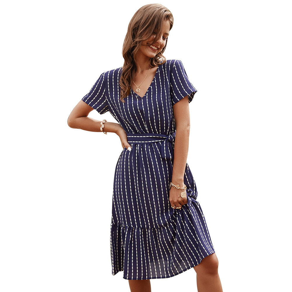 Female V-Neck Sexy Striped Dress 3 Colors Image 4