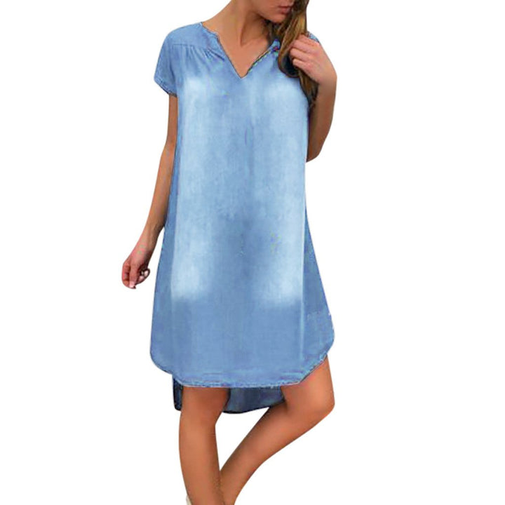 V-Neck Pullover Short Sleeve Denim Dress Image 4