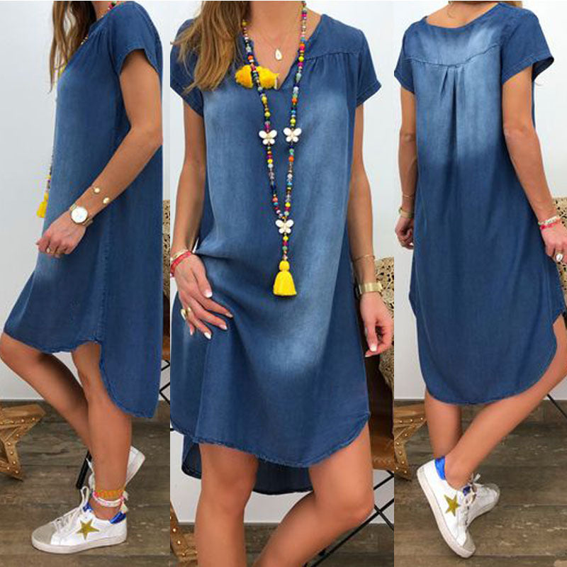 V-Neck Pullover Short Sleeve Denim Dress Image 6