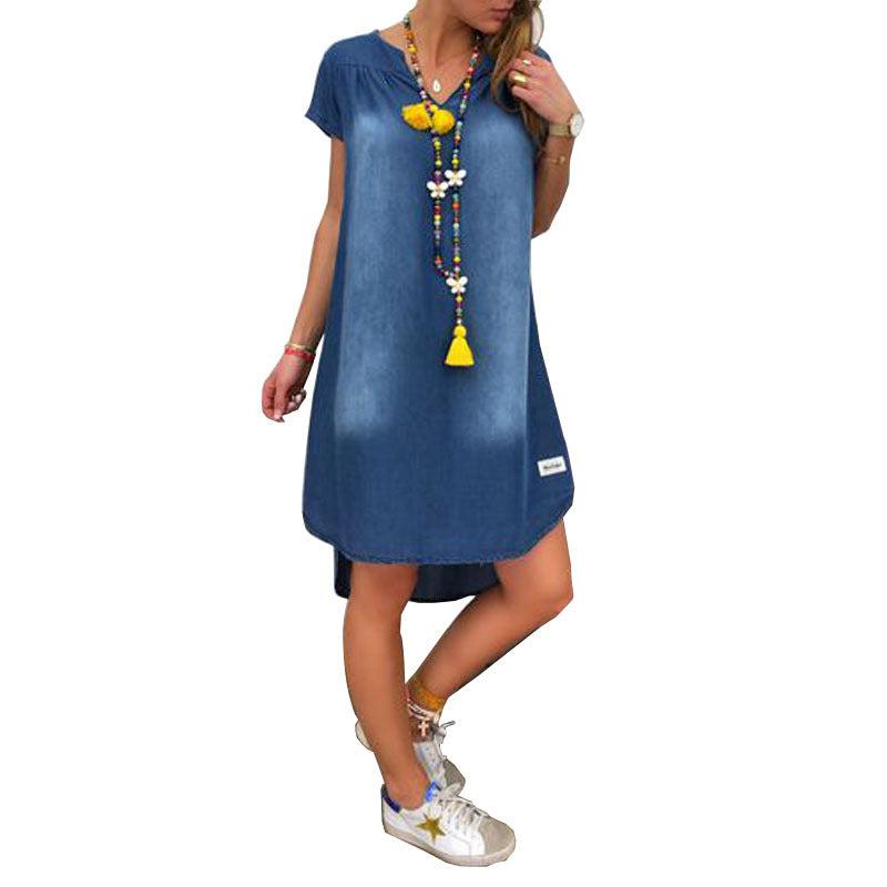 V-Neck Pullover Short Sleeve Denim Dress Image 7