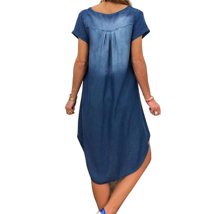 V-Neck Pullover Short Sleeve Denim Dress Image 8