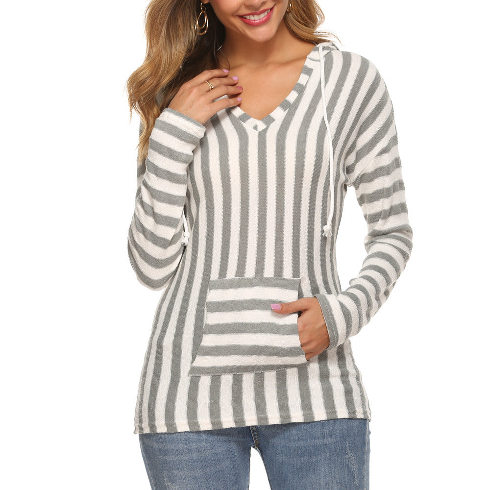 Womens Long Sleeve Pocket Striped V-Neck Sweater Image 3