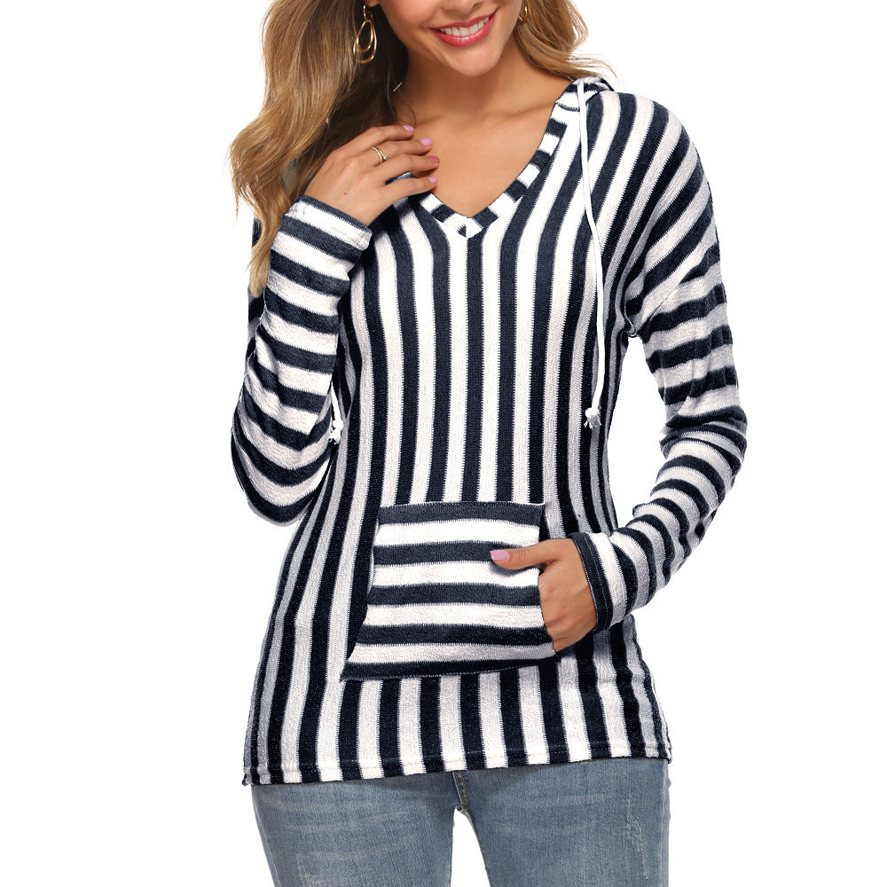 Womens Long Sleeve Pocket Striped V-Neck Sweater Image 4