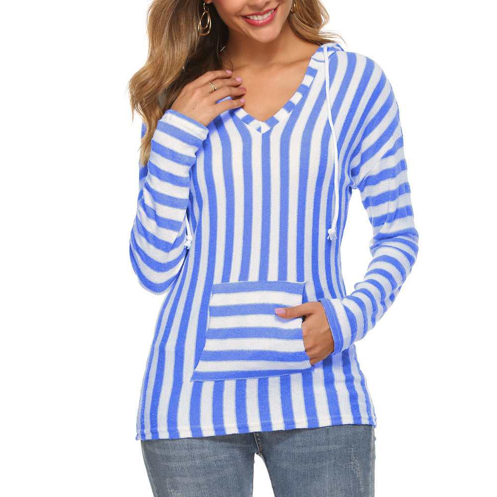 Womens Long Sleeve Pocket Striped V-Neck Sweater Image 4