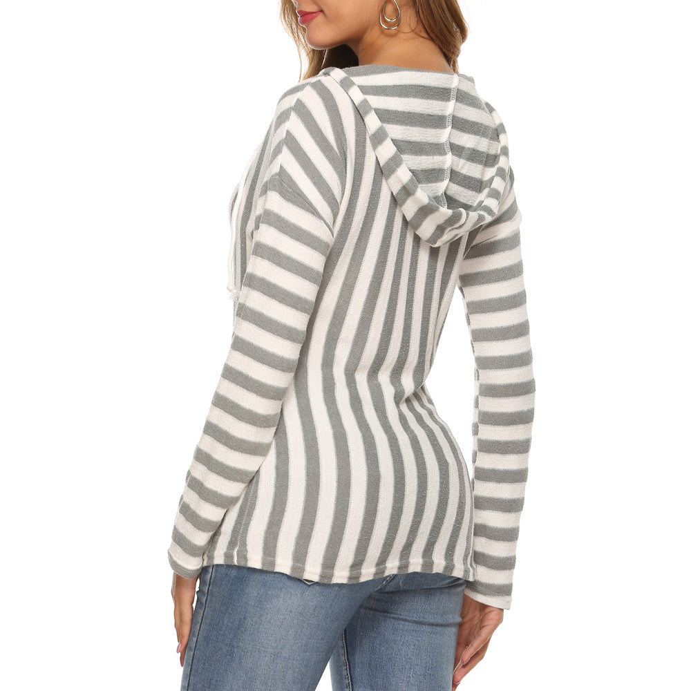 Womens Long Sleeve Pocket Striped V-Neck Sweater Image 8