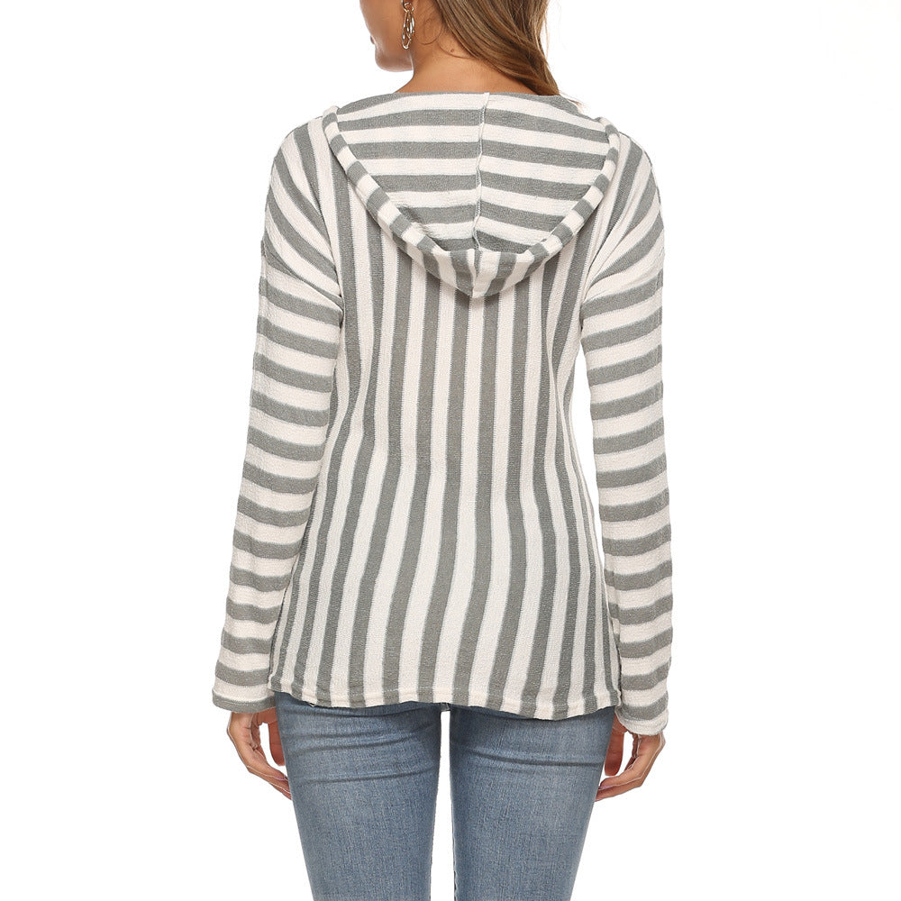 Womens Long Sleeve Pocket Striped V-Neck Sweater Image 9