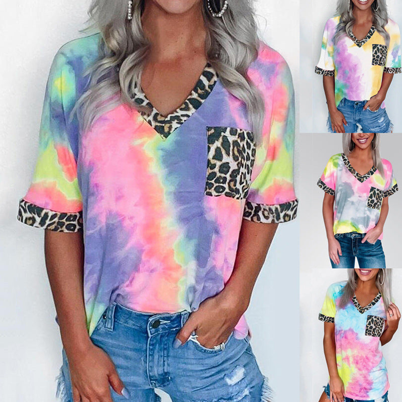 Womens V-Neck T-Shirt Tie-Dye Stitching Pockets Image 1