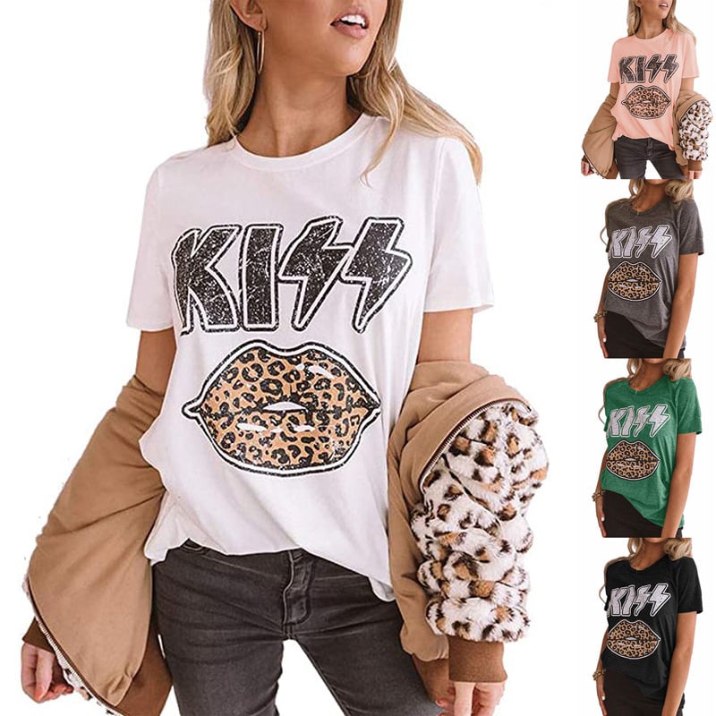 Kiss Letter Leopard Lips Short Sleeve T-Shirt Image 1