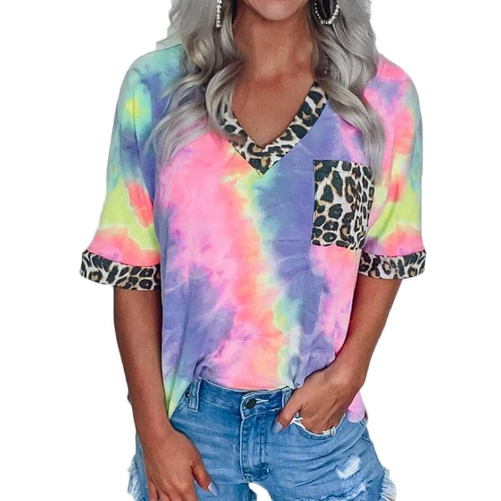 Womens V-Neck T-Shirt Tie-Dye Stitching Pockets Image 1