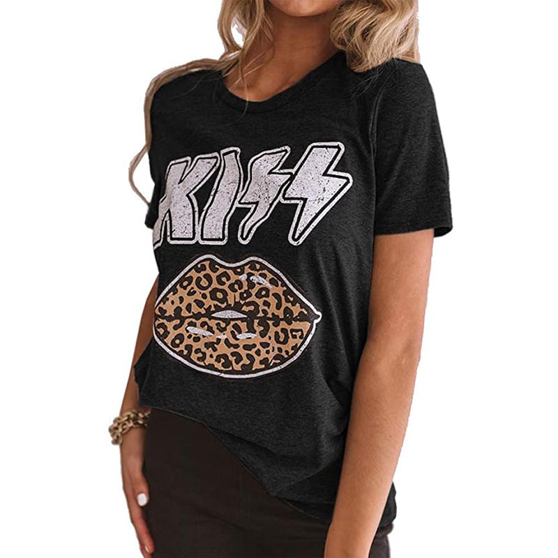 Kiss Letter Leopard Lips Short Sleeve T-Shirt Image 3