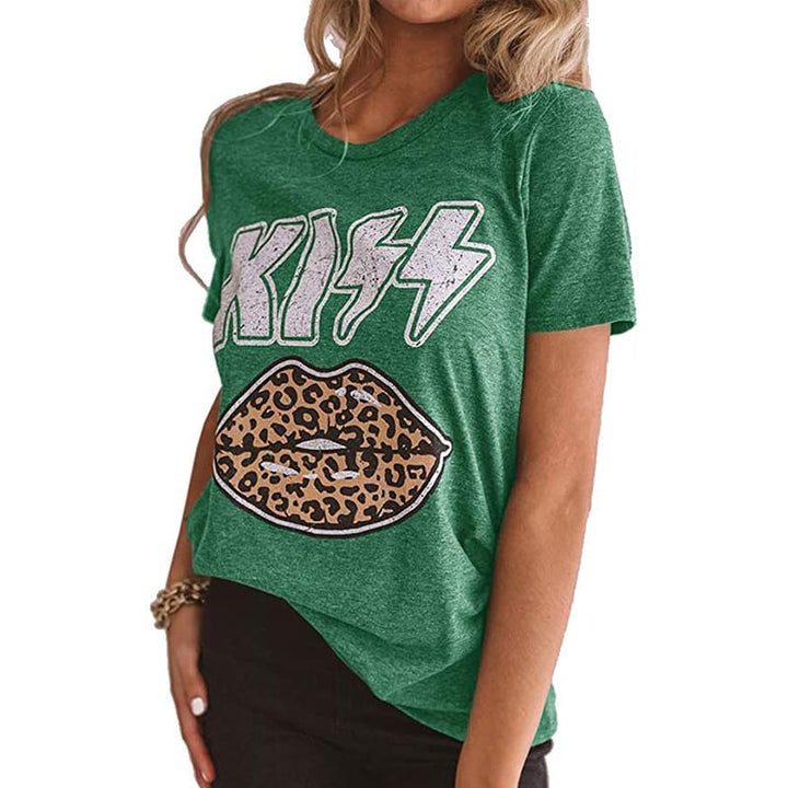 Kiss Letter Leopard Lips Short Sleeve T-Shirt Image 1