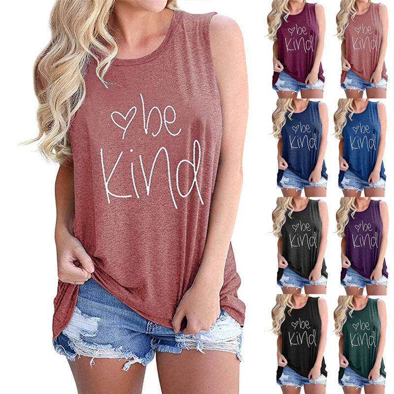 Ladies Vest Be Kind Letter Casual Sleeveless T-Shirt Image 1