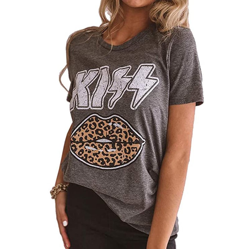 Kiss Letter Leopard Lips Short Sleeve T-Shirt Image 4