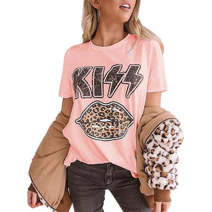 Kiss Letter Leopard Lips Short Sleeve T-Shirt Image 6