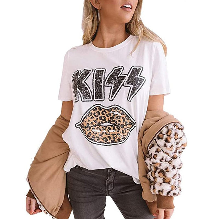 Kiss Letter Leopard Lips Short Sleeve T-Shirt Image 7