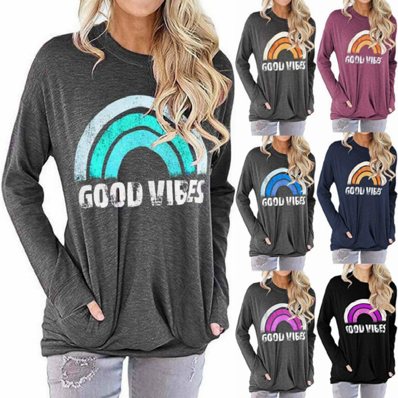 Womens Rainbow Sweatshirt GOOD VIBES Long Sleeve Image 1