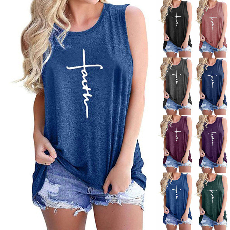 Womens Faith Letter Casual Sleeveless T-Shirt Image 1