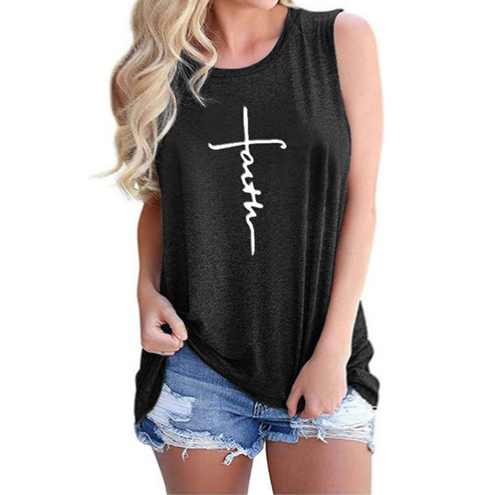 Womens Faith Letter Casual Sleeveless T-Shirt Image 3