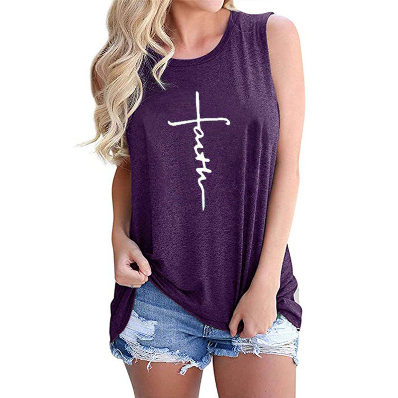 Womens Faith Letter Casual Sleeveless T-Shirt Image 4