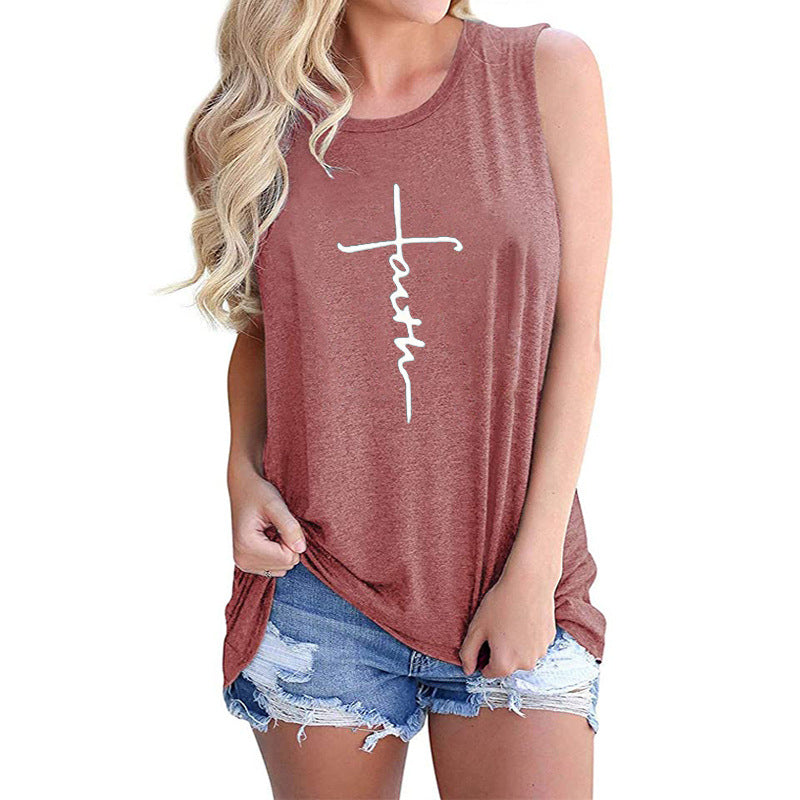 Womens Faith Letter Casual Sleeveless T-Shirt Image 7