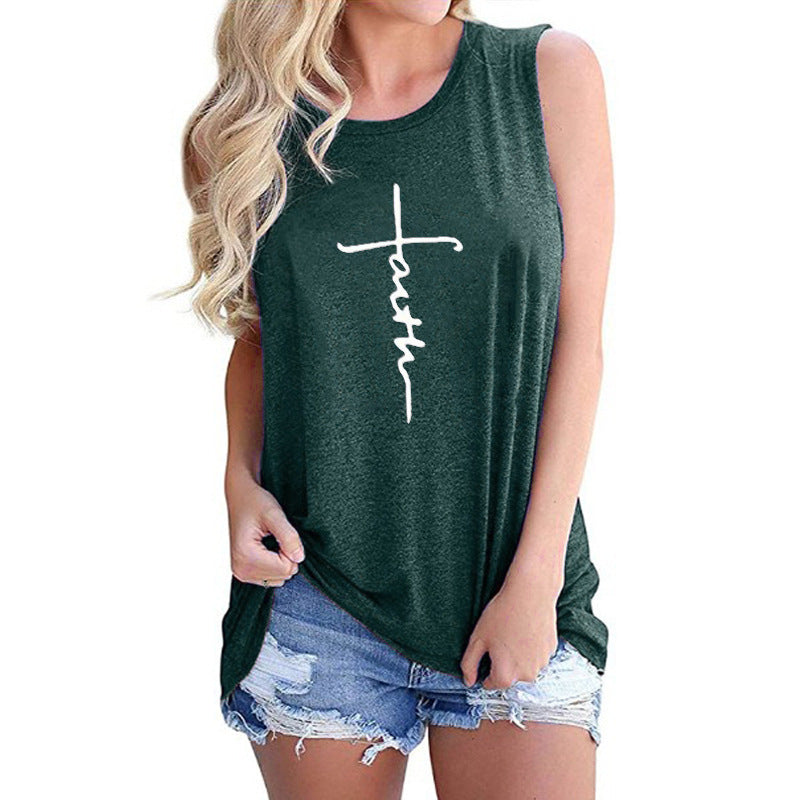 Womens Faith Letter Casual Sleeveless T-Shirt Image 9