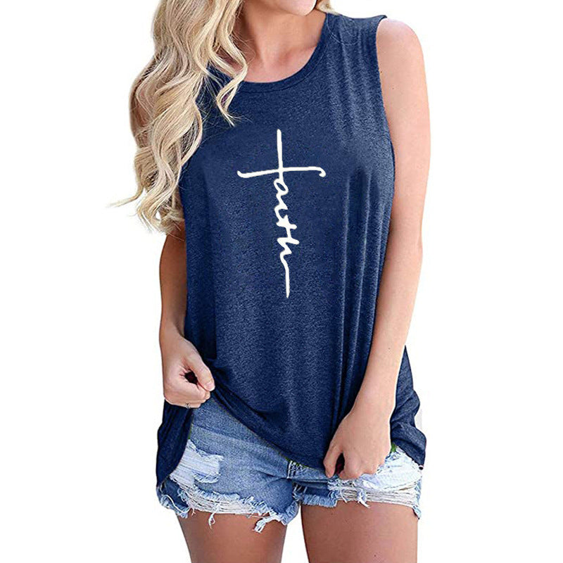 Womens Faith Letter Casual Sleeveless T-Shirt Image 10