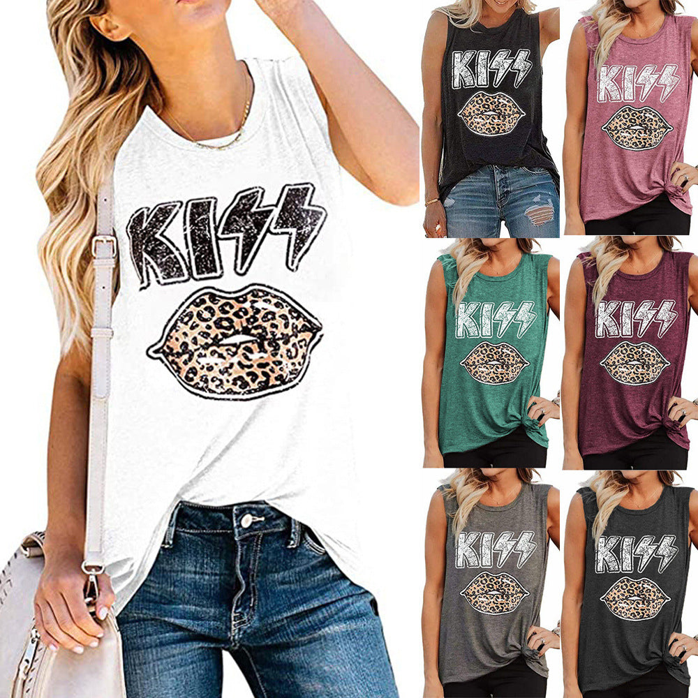 KISS Leopard Lips Letter Printed Sleeveless T-Shirt Image 1