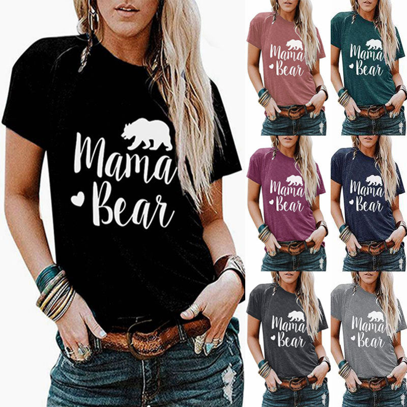 Womens MAMA BEAR Letter Printed Short-Sleeved T-Shirt Image 1