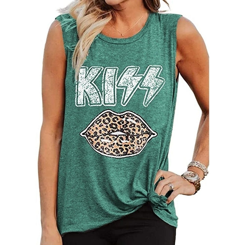 KISS Leopard Lips Letter Printed Sleeveless T-Shirt Image 4