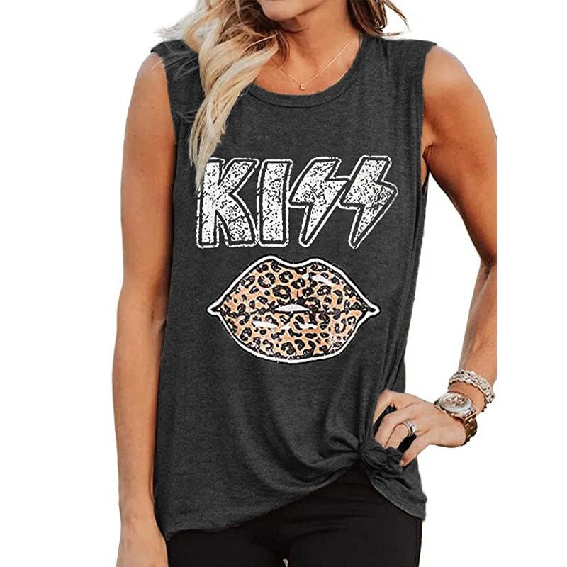 KISS Leopard Lips Letter Printed Sleeveless T-Shirt Image 7