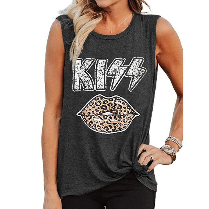 KISS Leopard Lips Letter Printed Sleeveless T-Shirt Image 7