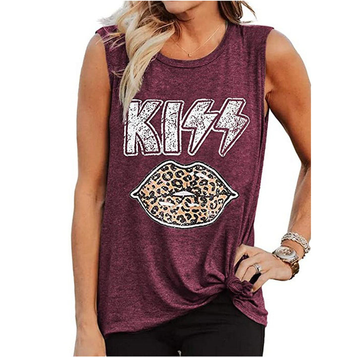 KISS Leopard Lips Letter Printed Sleeveless T-Shirt Image 9