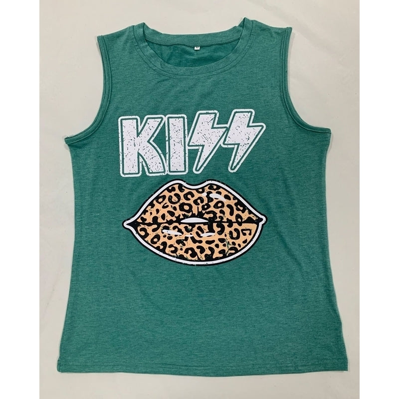 KISS Leopard Lips Letter Printed Sleeveless T-Shirt Image 10