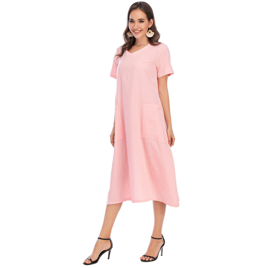 Spring Literary Retro Womens V-Neck Big Swing Dress Image 1