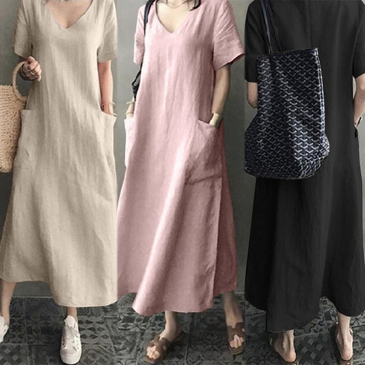 Spring Literary Retro Womens V-Neck Big Swing Dress Image 3