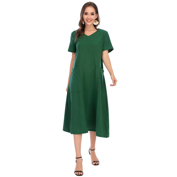 Spring Literary Retro Womens V-Neck Big Swing Dress Image 4