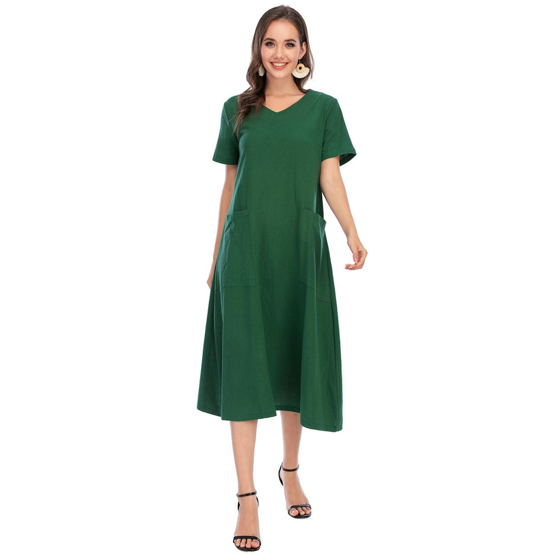 Spring Literary Retro Womens V-Neck Big Swing Dress Image 1