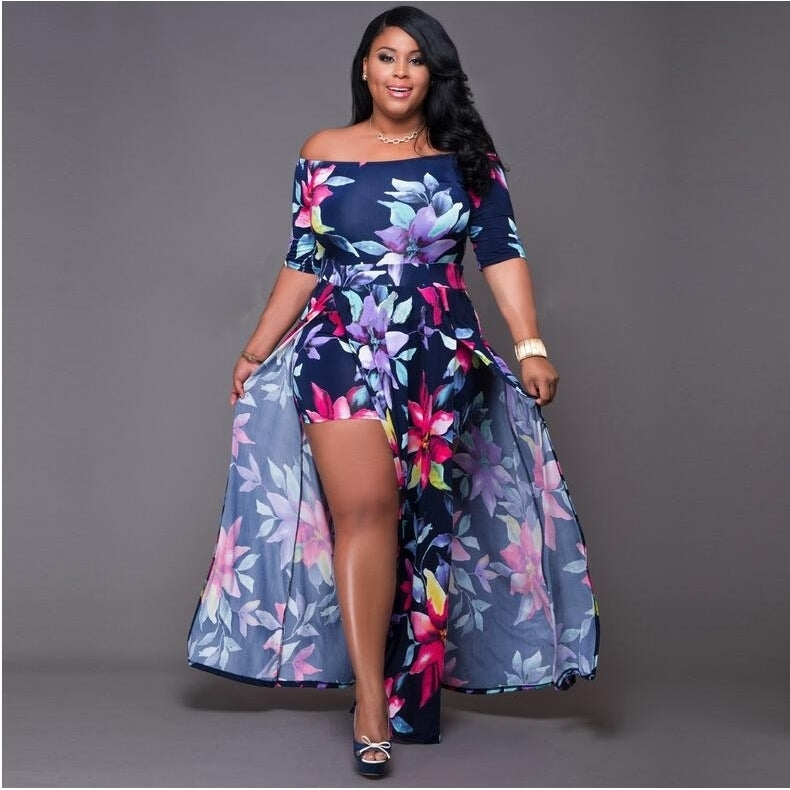 Womens M-5XL Printed One-Piece Split Dress Image 4