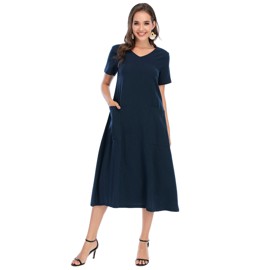 Spring Literary Retro Womens V-Neck Big Swing Dress Image 4