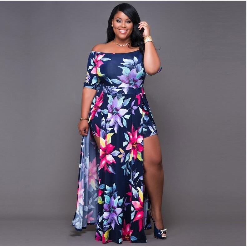 Womens M-5XL Printed One-Piece Split Dress Image 4