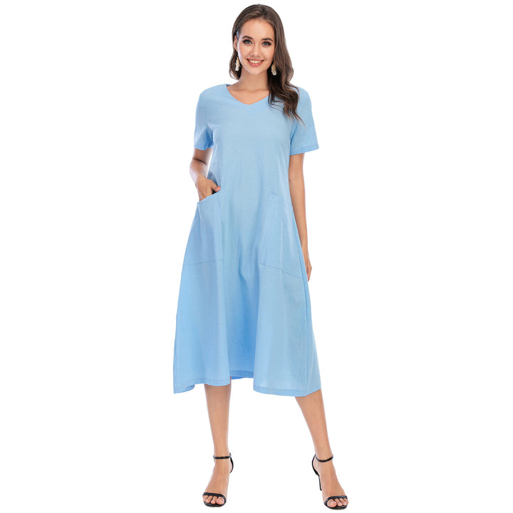 Spring Literary Retro Womens V-Neck Big Swing Dress Image 8