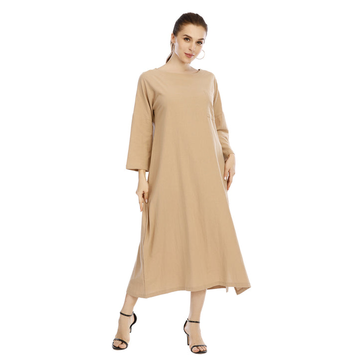 Womens Cotton And Linen Five-Point Sleeve Dress Image 4