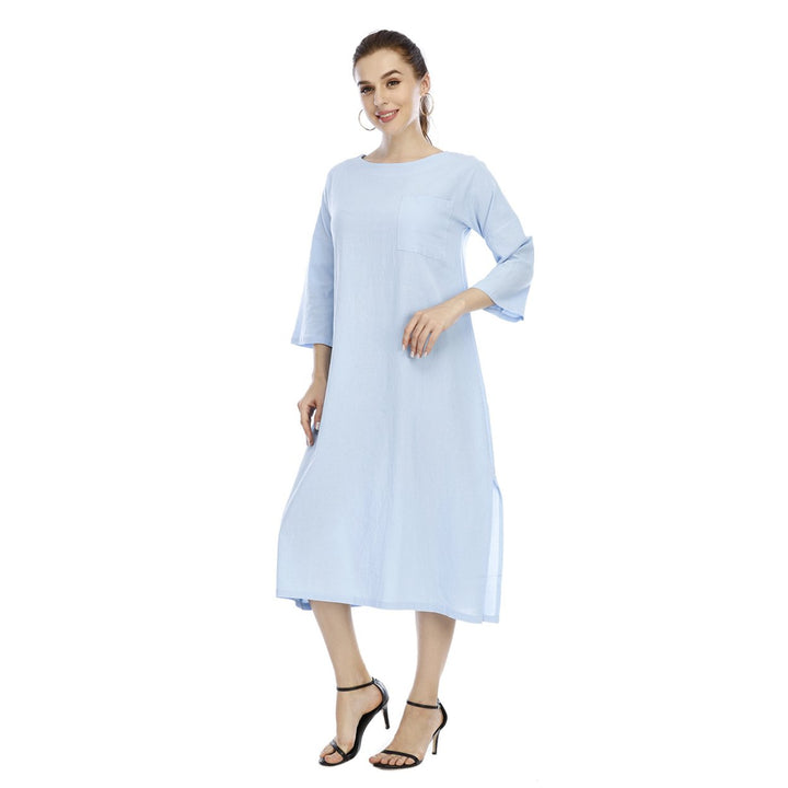 Womens Cotton And Linen Five-Point Sleeve Dress Image 6