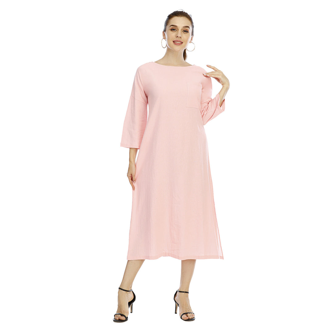 Womens Cotton And Linen Five-Point Sleeve Dress Image 7