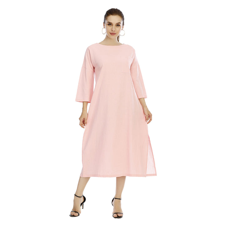 Womens Cotton And Linen Five-Point Sleeve Dress Image 8