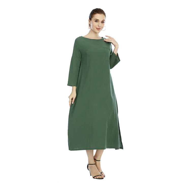 Womens Cotton And Linen Five-Point Sleeve Dress Image 9