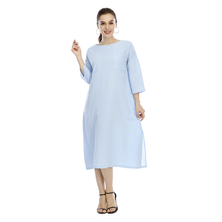 Womens Cotton And Linen Five-Point Sleeve Dress Image 10